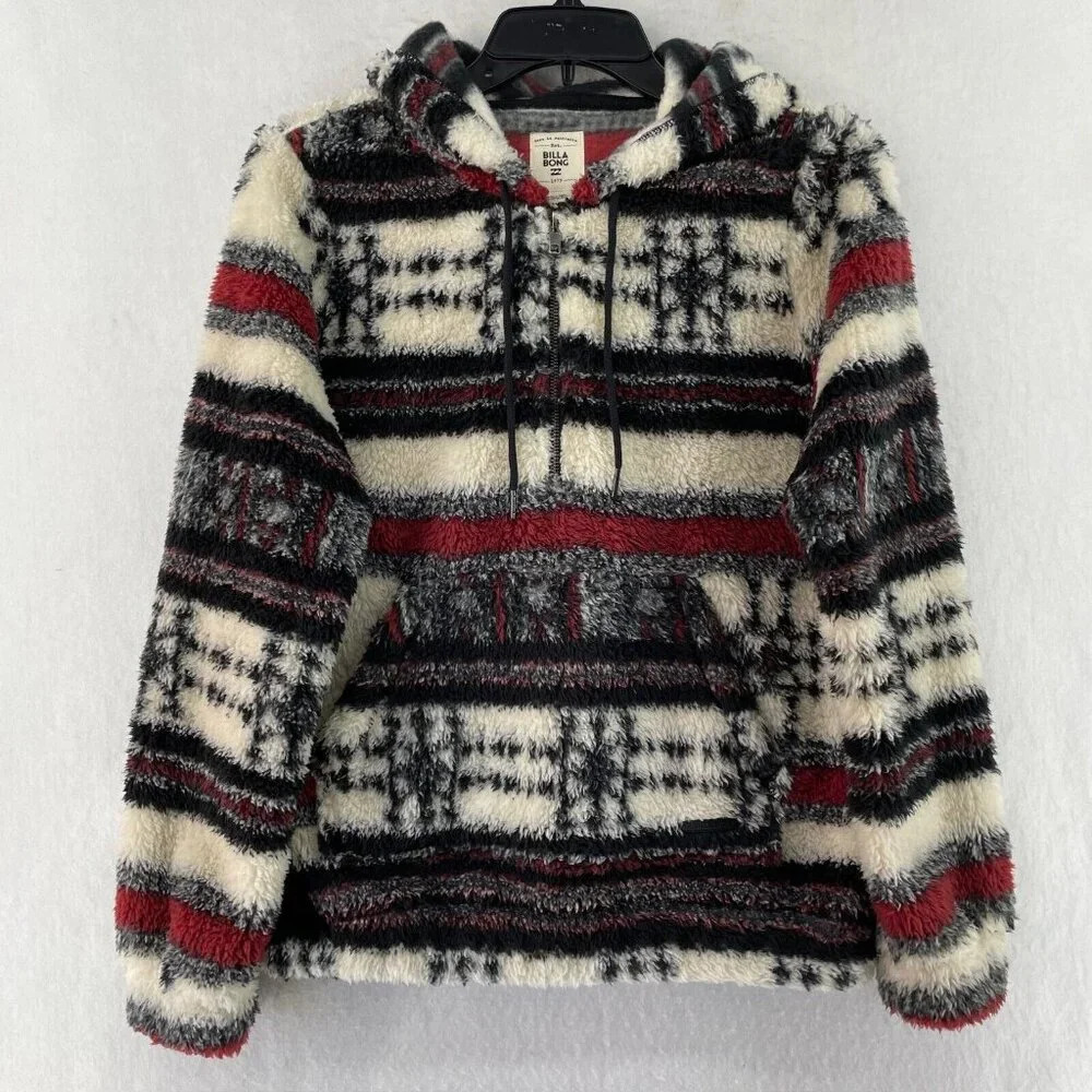 Billabong Fleece Jacket Women's S Red Ivory Aztec Tribal Print Hooded Pullover - Picture 2 of 13